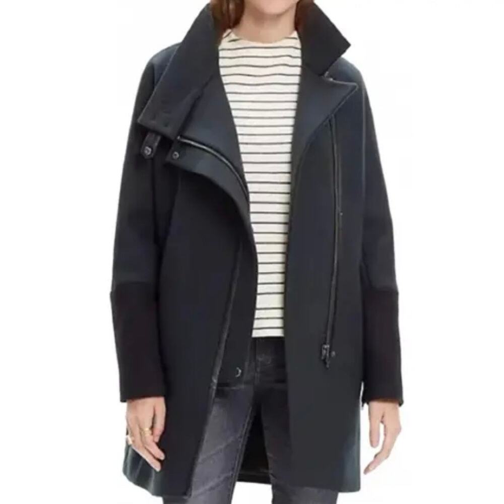 MADEWELL | Green Black City Grid Cocoon Coat Faux Leather Trim Wool Zip | 12